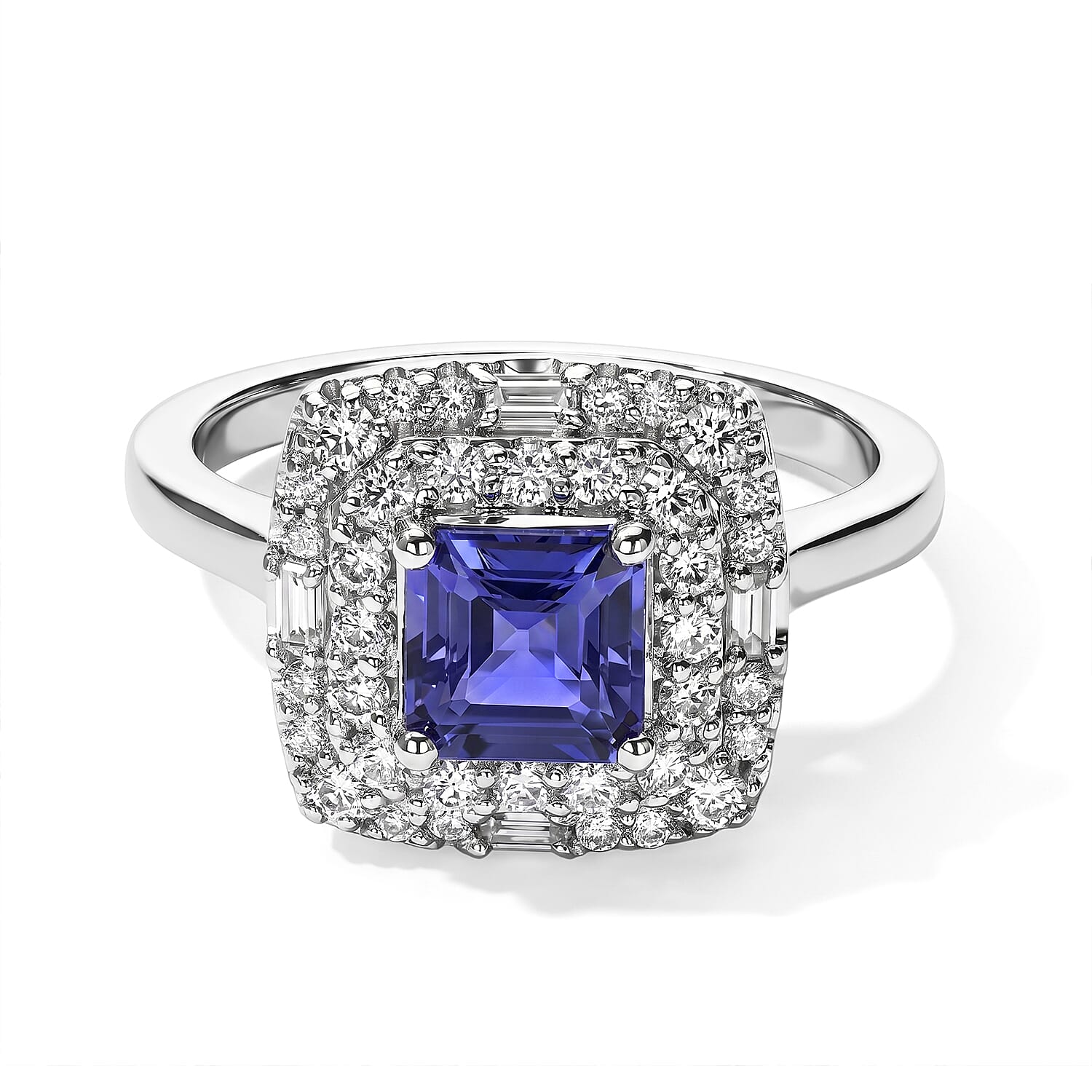 Certified and Appraised D'Joy Premium Asscher Cut Tanzanite and Moissanite 1.65 ctw Ring in Rhodium Over Sterling Silver (Size 6.0)