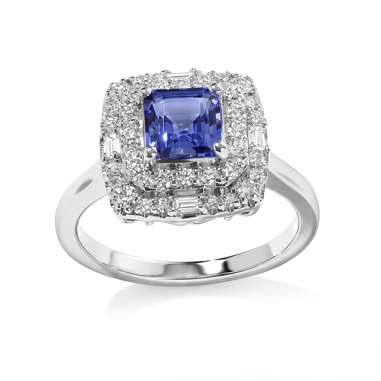 Certified and Appraised D'Joy Premium Asscher Cut Tanzanite and Moissanite 1.65 ctw Ring in Rhodium Over Sterling Silver (Size 6.0)