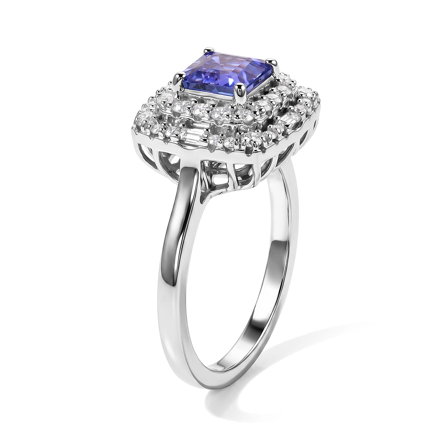 Certified and Appraised D'Joy Premium Asscher Cut Tanzanite and Moissanite 1.65 ctw Ring in Rhodium Over Sterling Silver (Size 6.0)
