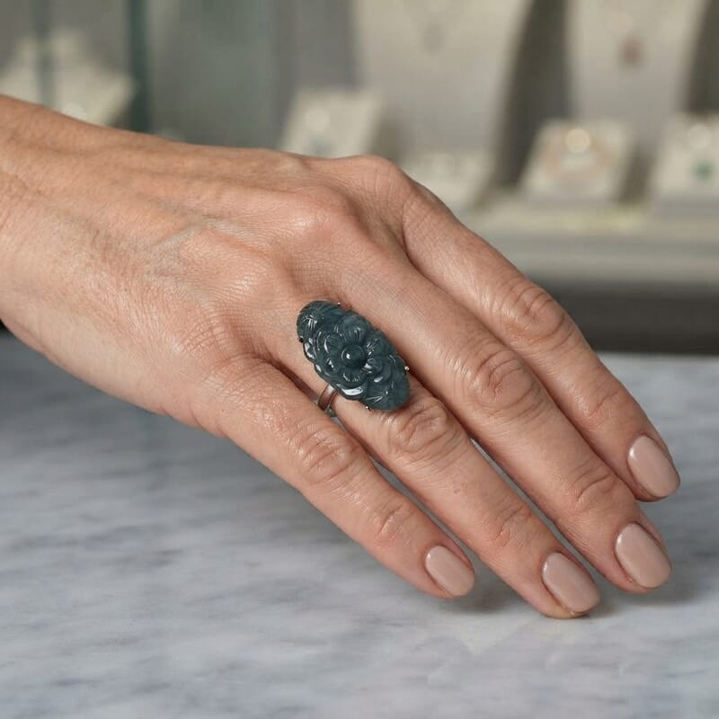D'Joy Natural Olmec Jadeite 13.90 ctw Carved Floral Ring in Rhodium Over Sterling Silver (Size 5.0)