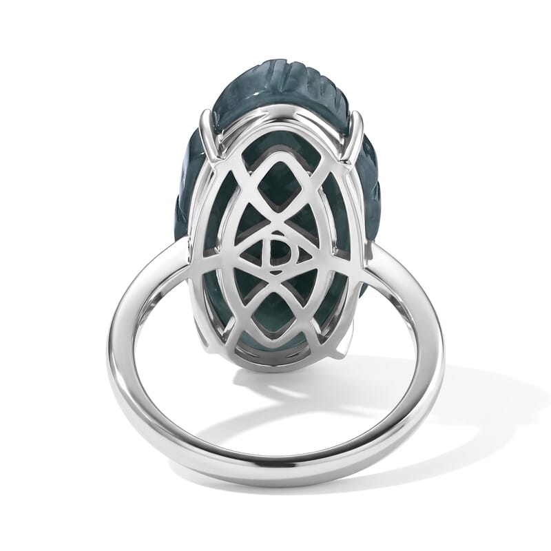 D'Joy Natural Olmec Jadeite 13.90 ctw Carved Floral Ring in Rhodium Over Sterling Silver (Size 5.0)
