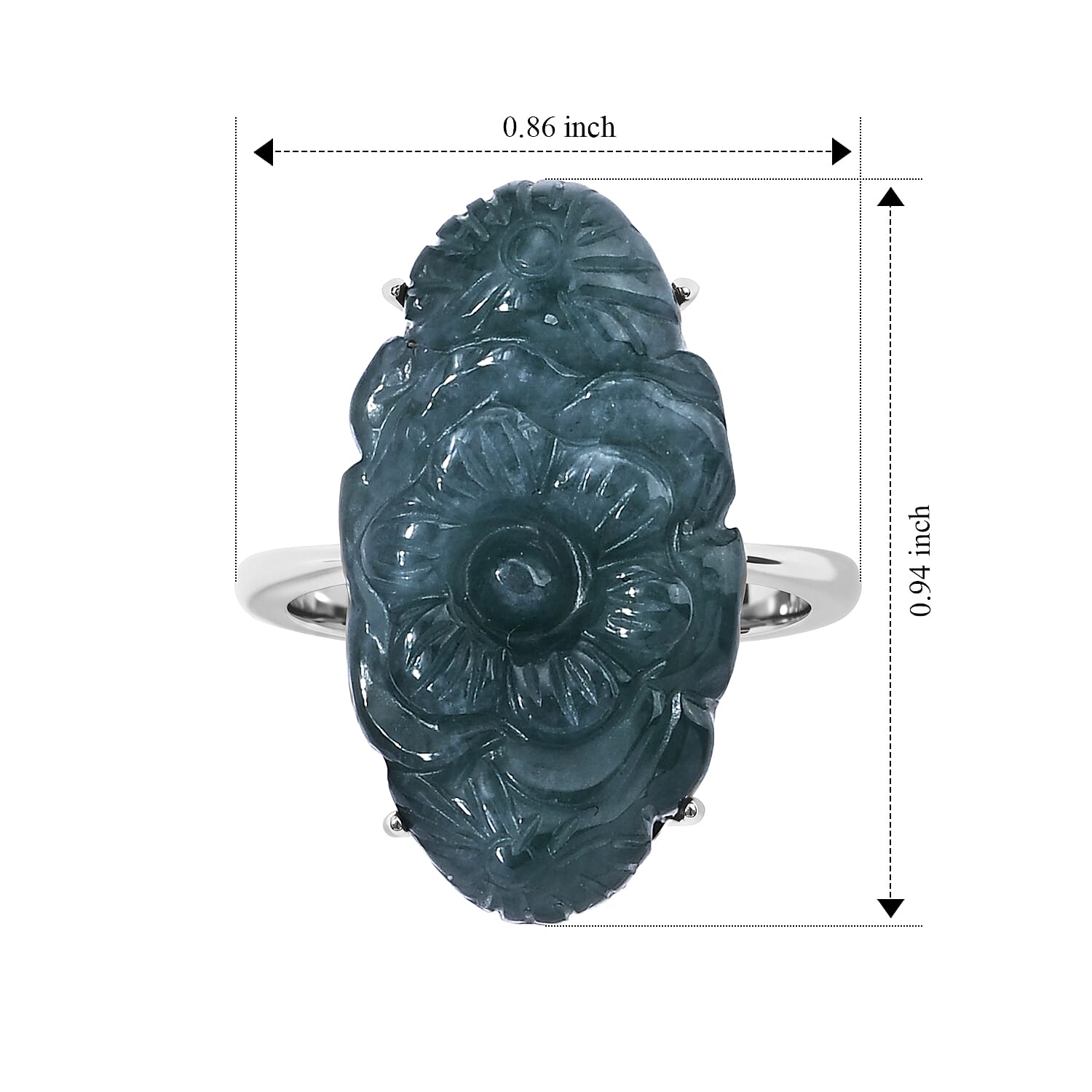 D'Joy Natural Olmec Jadeite 13.90 ctw Carved Floral Ring in Rhodium Over Sterling Silver (Size 5.0)