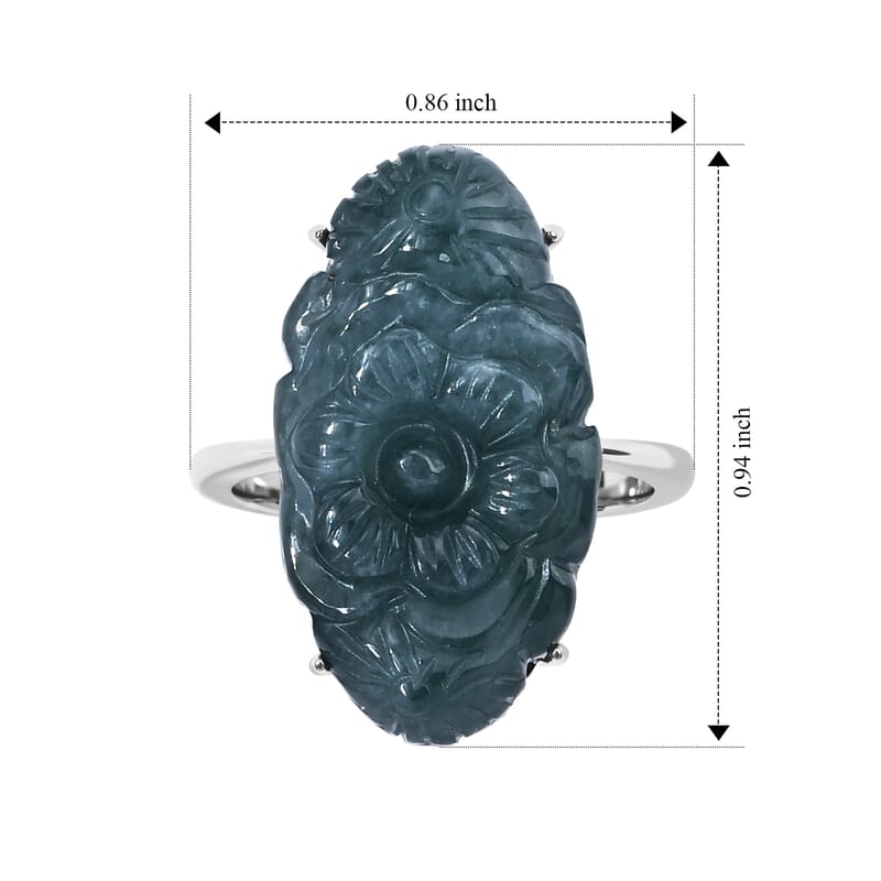 D'Joy Natural Olmec Jadeite 13.90 ctw Carved Floral Ring in Rhodium Over Sterling Silver (Size 5.0)