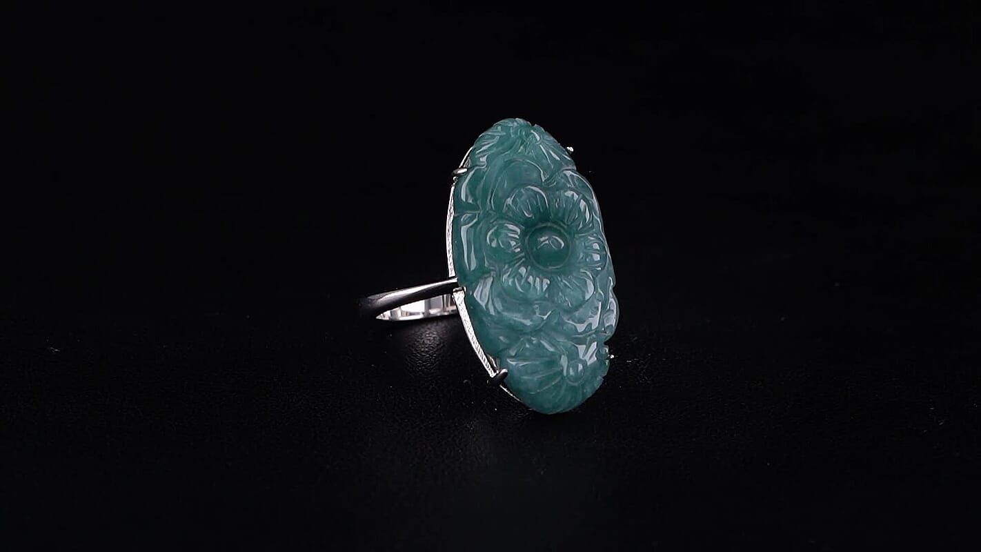 D''Joy Natural Olmec Jadeite 13.90 ctw Carved Floral Ring in Rhodium Over Sterling Silver (Size 10.0)
