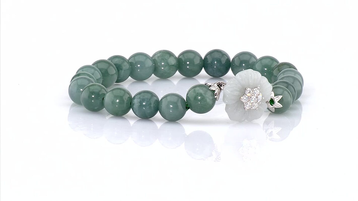D''Joy Natural Olmec Jadeite Beaded and White Jade Carved, Moissanite 86.60 ctw Flower Bracelet in Rhodium Over Sterling Silver (6.50 In)