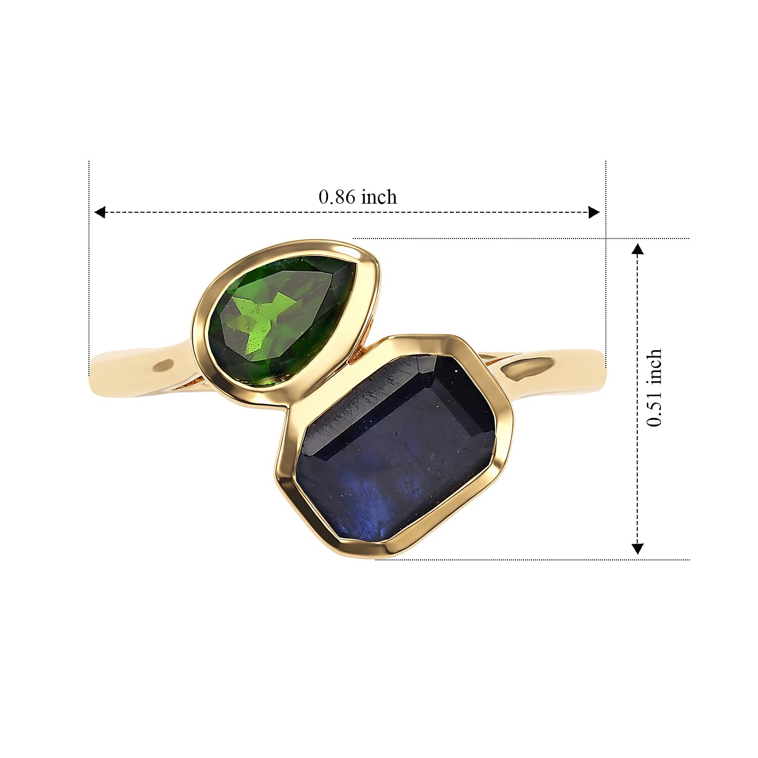 D'Joy Premium Masoala Sapphire (D) and Chrome Diopside 2.90 ctw Earth & Ocean Bypass Ring in 18K Vermeil Yellow Gold Over Sterling Silver (Size 5.0)