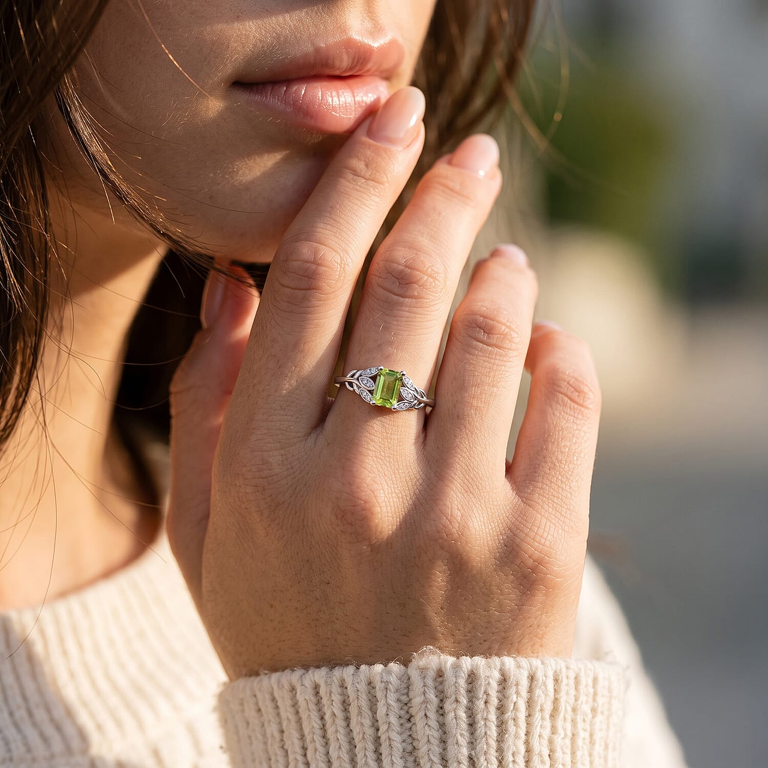 Peridot and Simulated Diamond 1.40 ctw Ring in Silvertone (Adjustable)