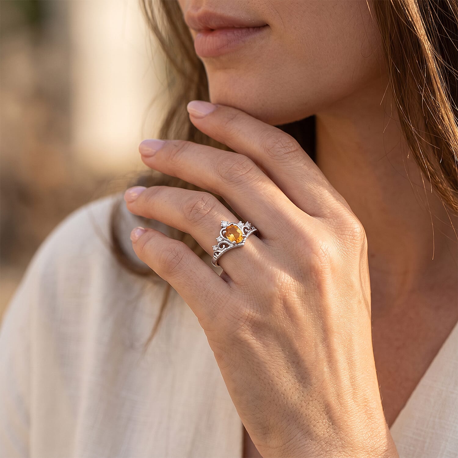 Citrine and Simulated Diamond 1.20 ctw Ring in Silvertone (Adjustable)