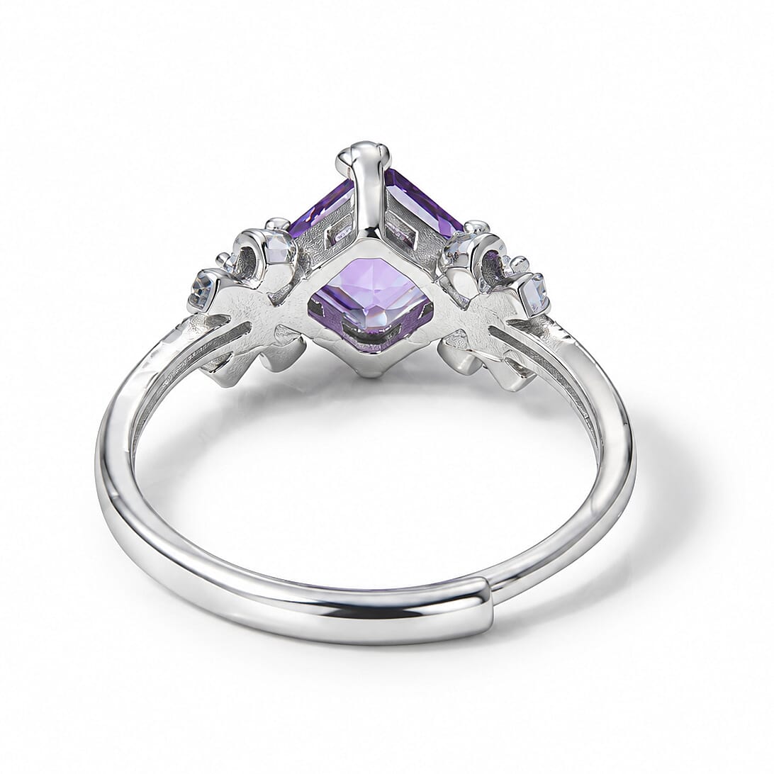 African Amethyst and Simulated Diamond 2.10 ctw Ring in Silvertone (Adjustable)