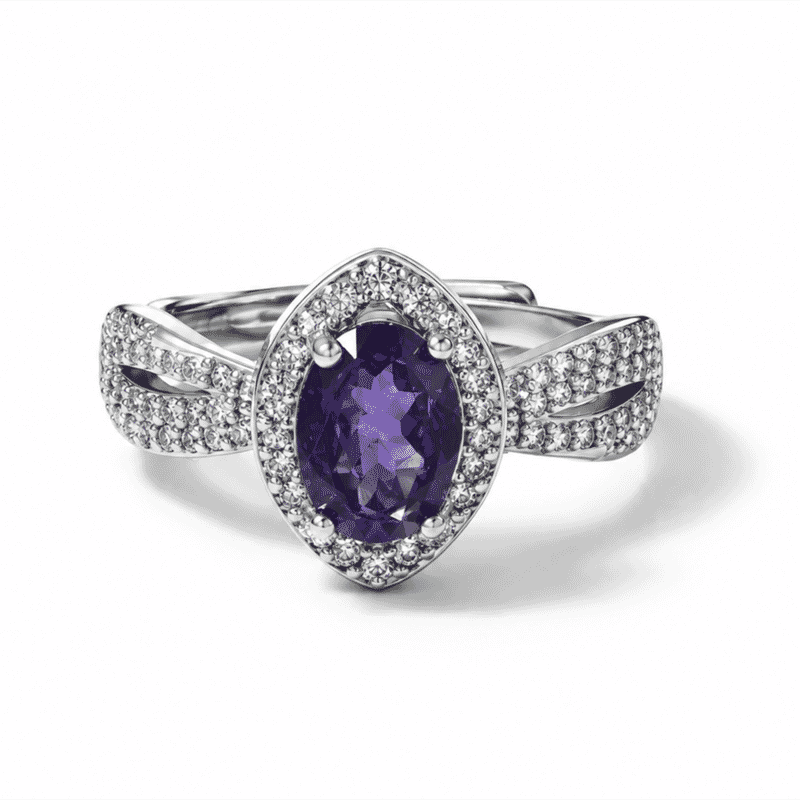 African Amethyst and Simulated Diamond 1.90 ctw Ring in Silvertone (Adjustable)