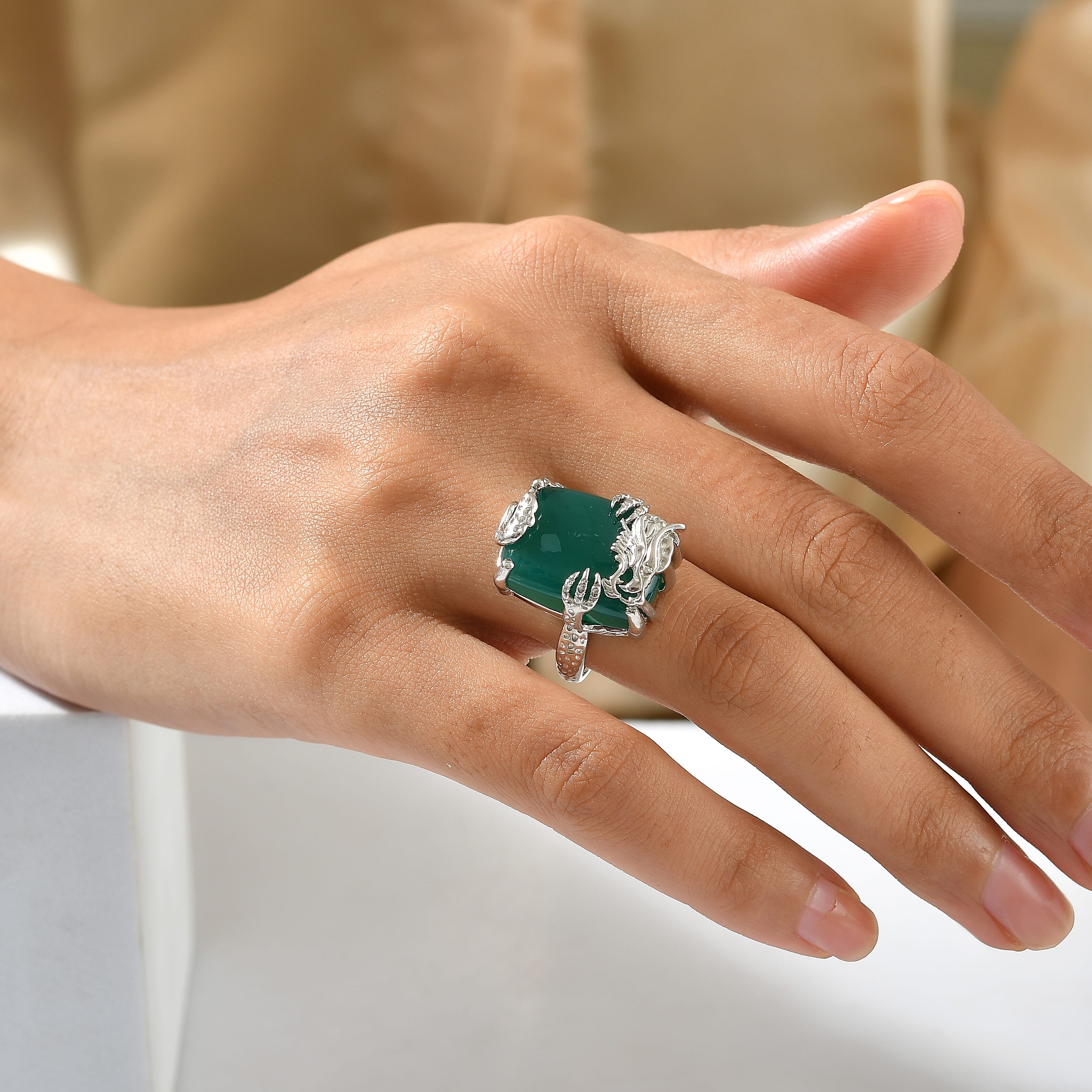 EverTrue Premium Verde Onyx, White Zircon Ring in Platinum Bond (Size 6.0) 18.73 ctw