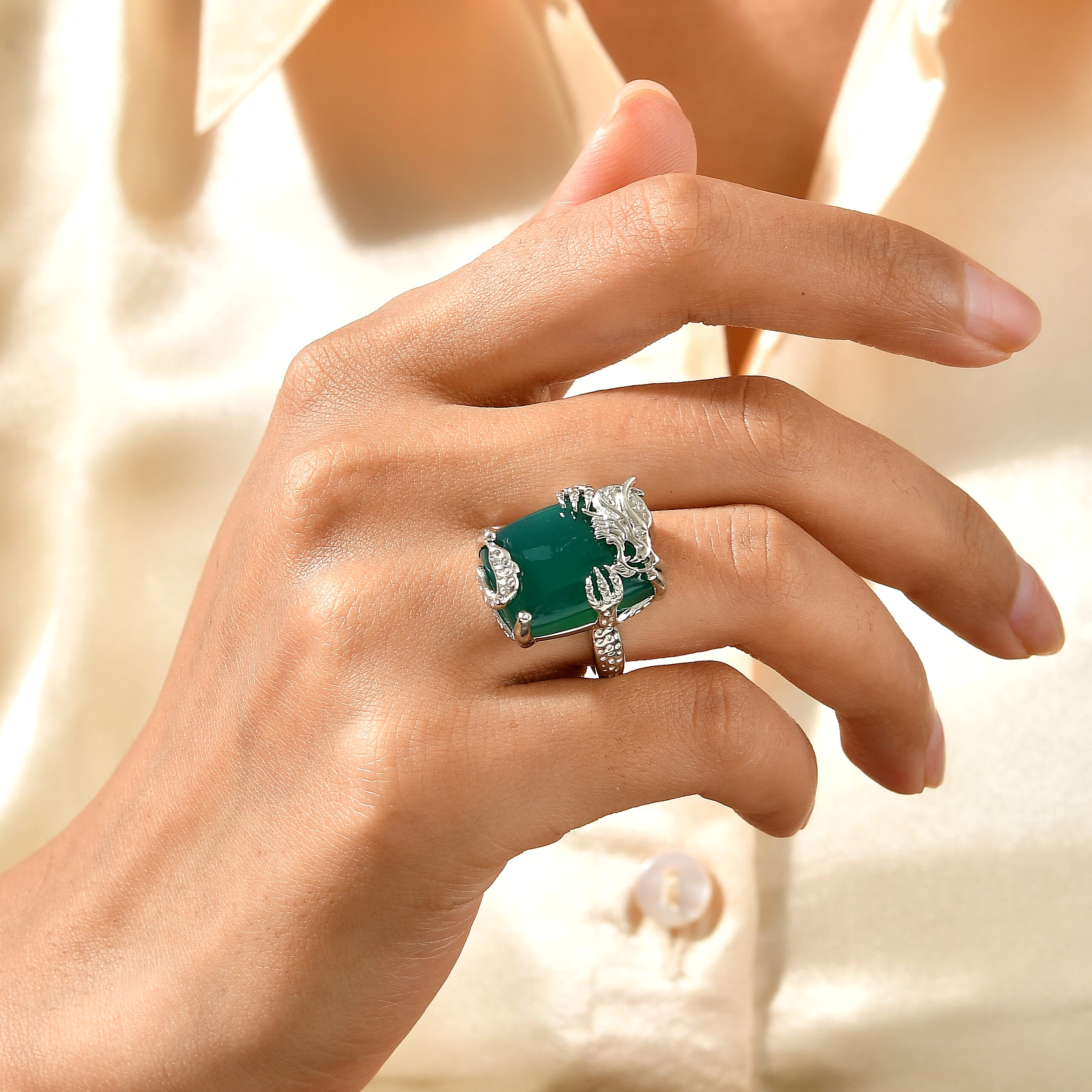 EverTrue Premium Verde Onyx, White Zircon Ring in Platinum Bond (Size 6.0) 18.73 ctw