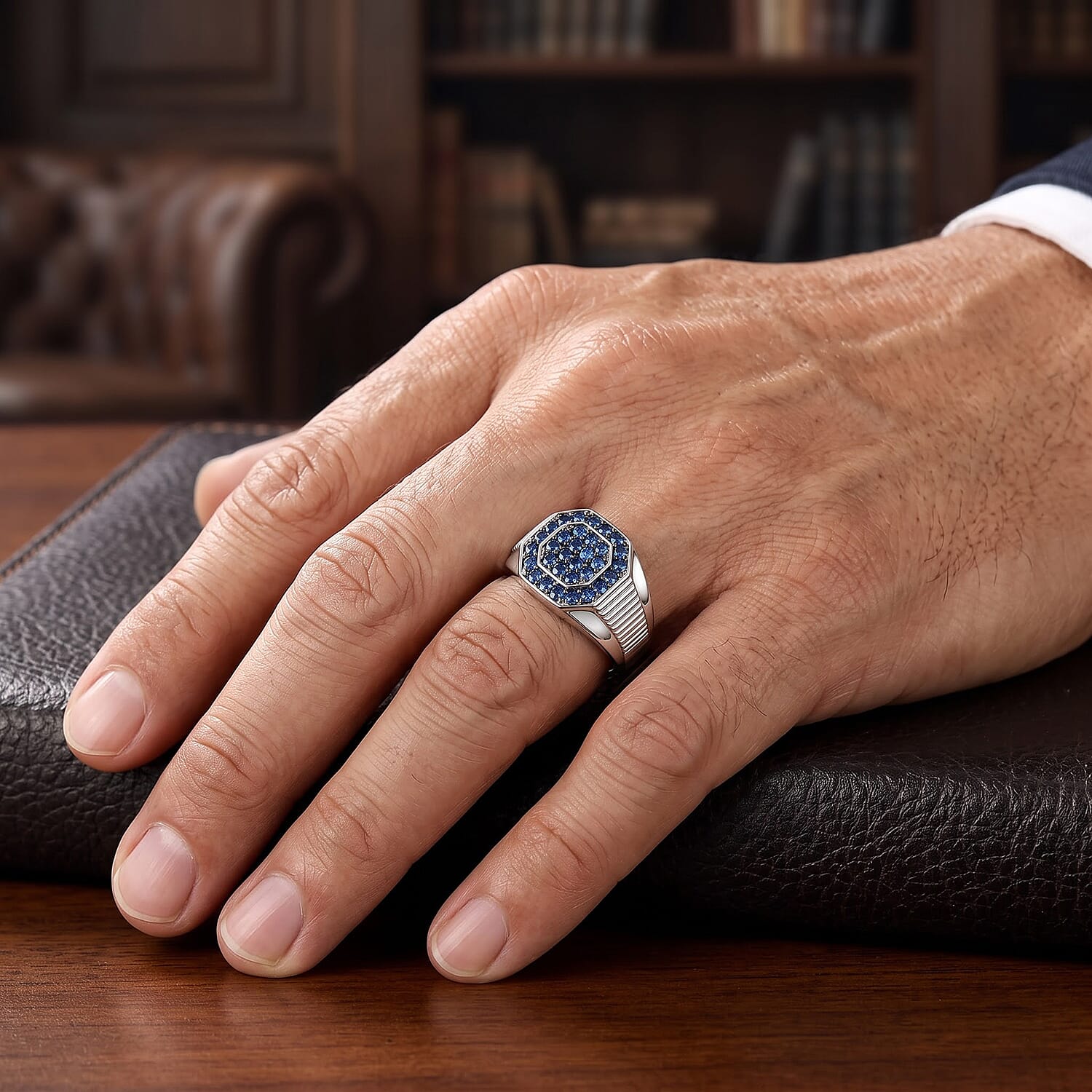 D'Joy Premium Ceylon Blue Sapphire 1.50 ctw King’s Court Signet Men's Ring in Rhodium Over Sterling Silver (Size 10.0)