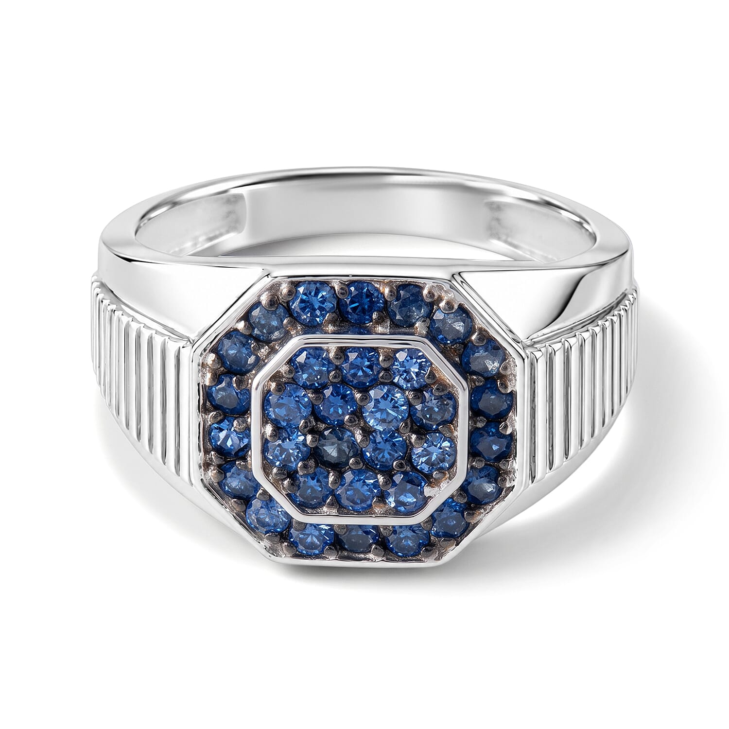 D'Joy Premium Ceylon Blue Sapphire 1.50 ctw King’s Court Signet Men's Ring in Rhodium Over Sterling Silver (Size 9.0)