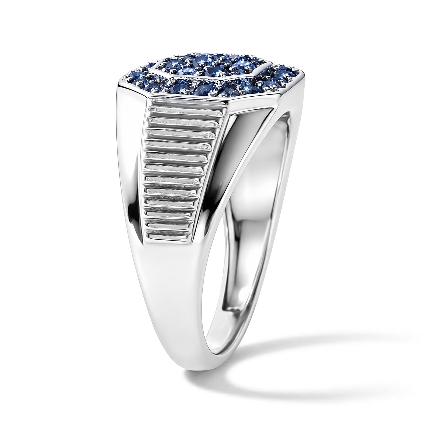 D'Joy Premium Ceylon Blue Sapphire 1.50 ctw King’s Court Signet Men's Ring in Rhodium Over Sterling Silver (Size 9.0)