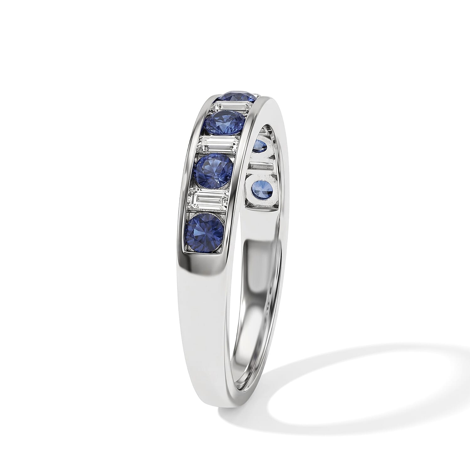 D'Joy Premium Ceylon Blue Sapphire and Moissanite 1.30 ctw Royal Gallery Band Ring in Rhodium Over Sterling Silver (Size 5.0)