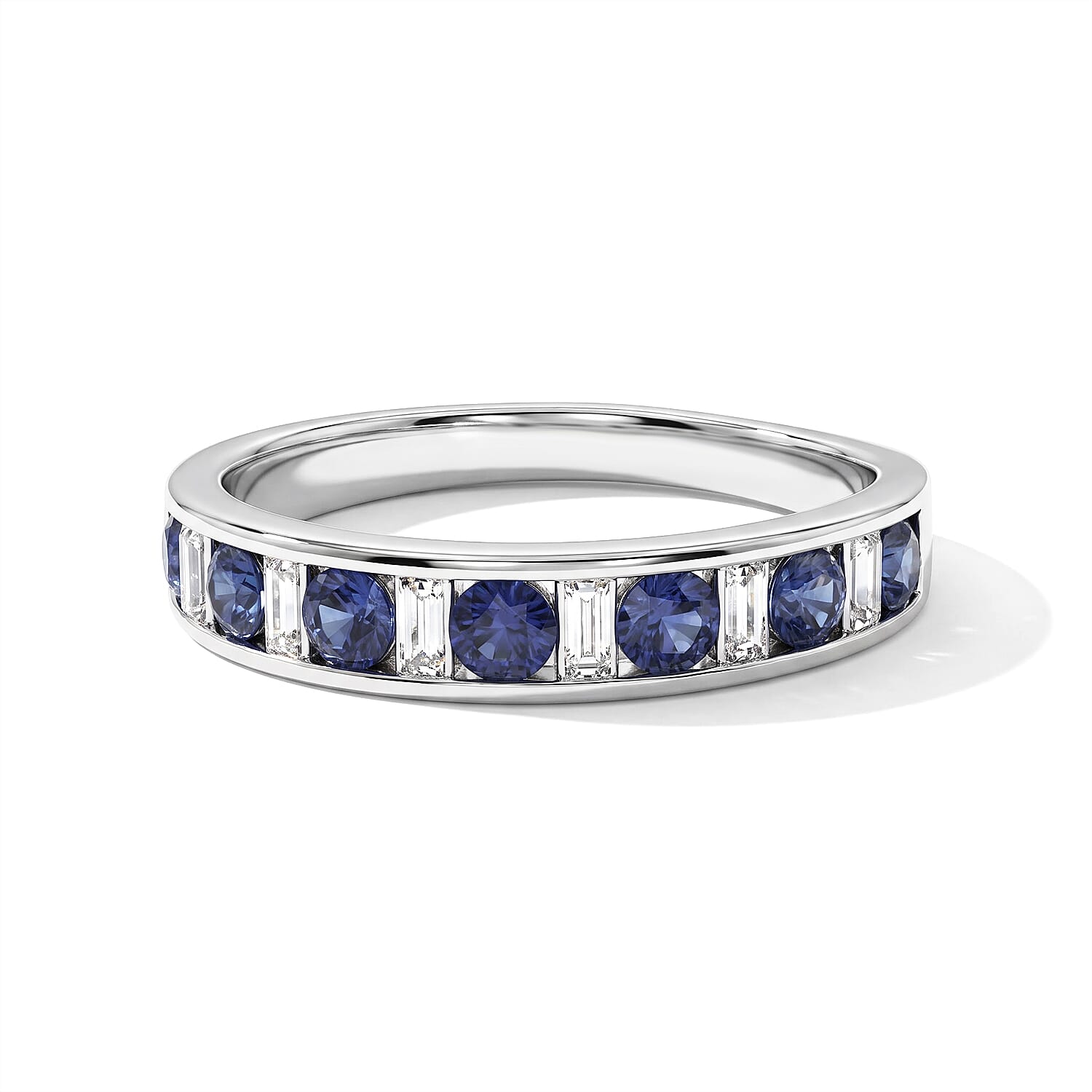 D'Joy Premium Ceylon Blue Sapphire and Moissanite 1.30 ctw Royal Gallery Band Ring in Rhodium Over Sterling Silver (Size 6.0)
