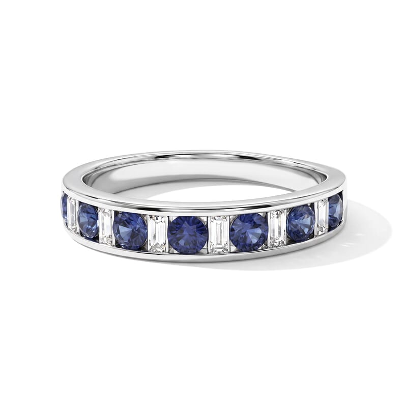 D'Joy Premium Ceylon Blue Sapphire and Moissanite 1.30 ctw Royal Gallery Band Ring in Rhodium Over Sterling Silver (Size 6.0)