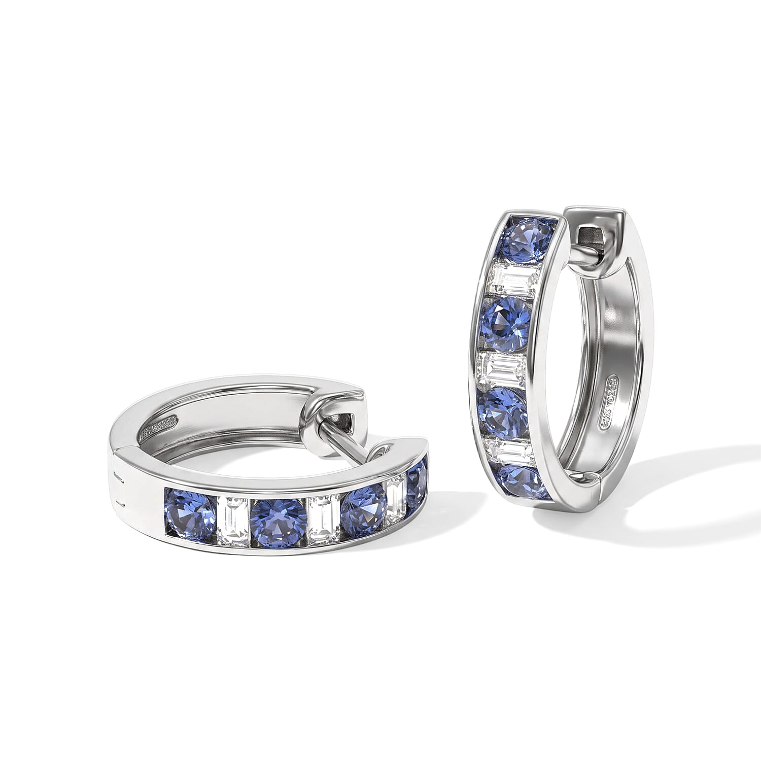 D'Joy Premium Ceylon Blue Sapphire and Moissanite 1.00 ctw Royal Gallery Hoop Earrings in Rhodium Over Sterling Silver