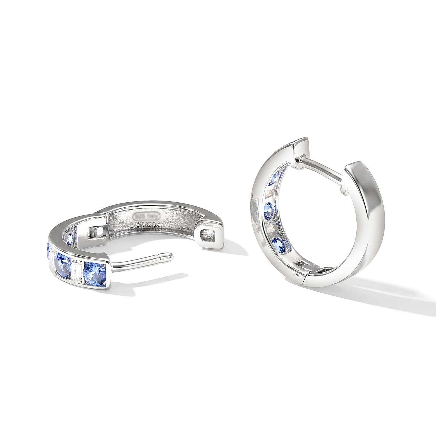 D'Joy Premium Ceylon Blue Sapphire and Moissanite 1.00 ctw Royal Gallery Hoop Earrings in Rhodium Over Sterling Silver