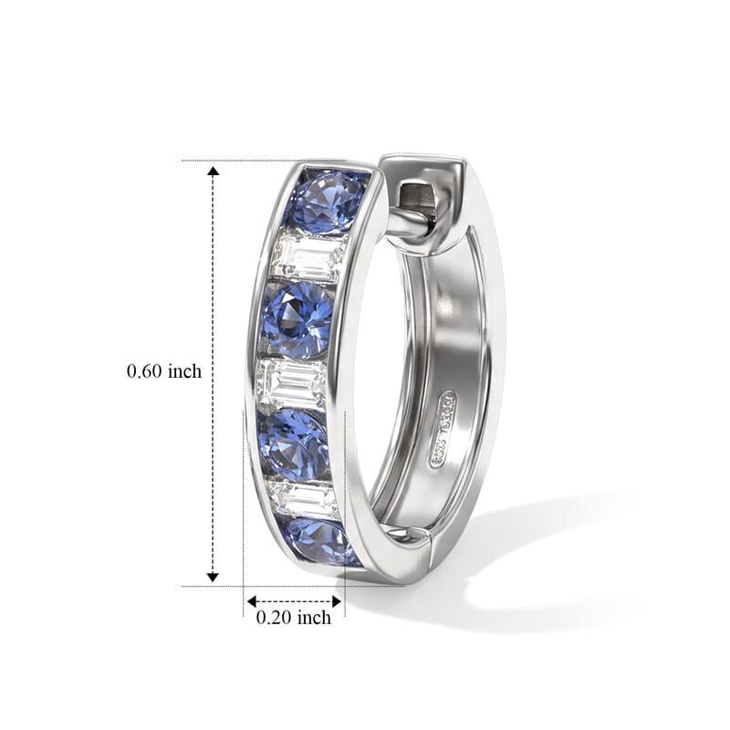 D'Joy Premium Ceylon Blue Sapphire and Moissanite 1.00 ctw Royal Gallery Hoop Earrings in Rhodium Over Sterling Silver