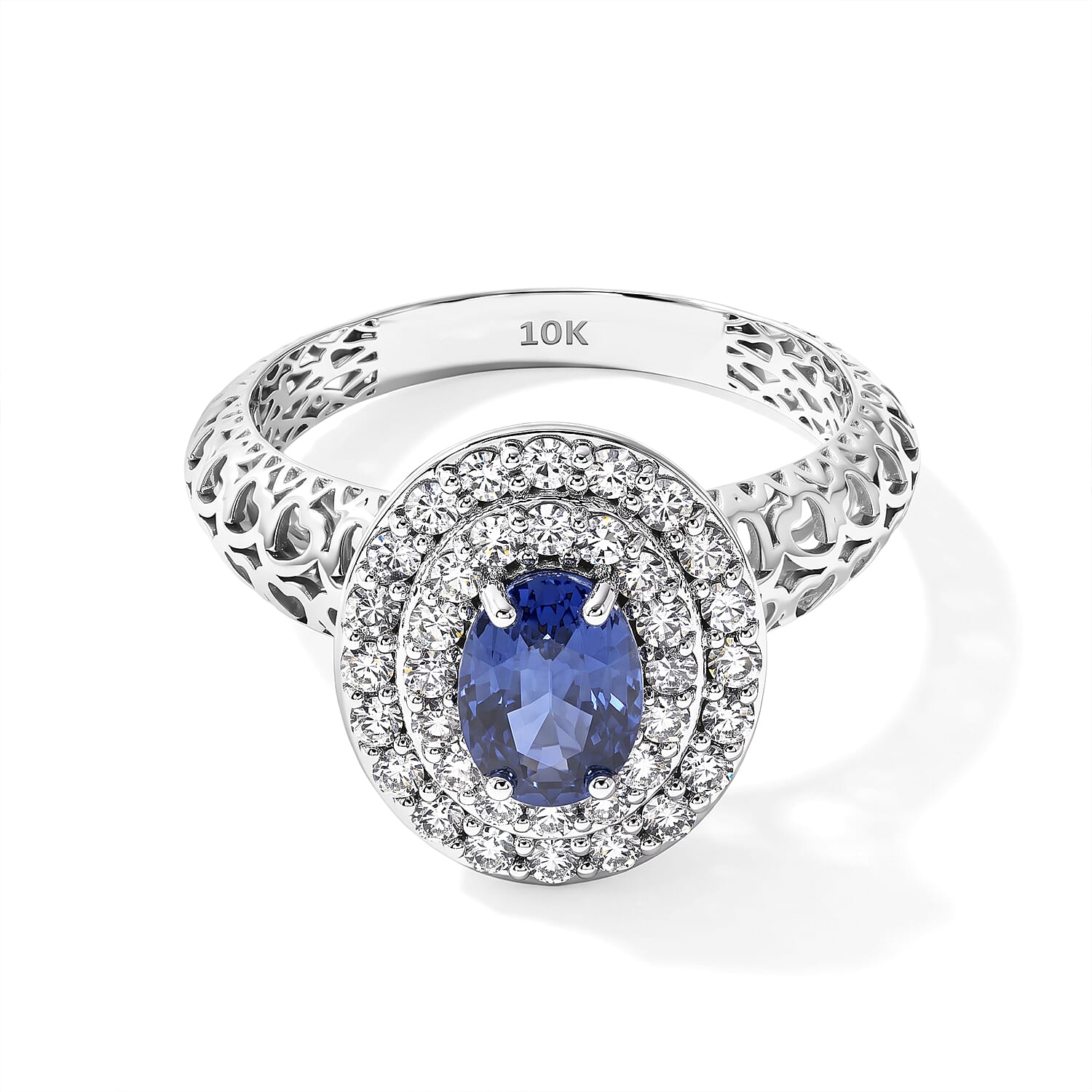 Mirage Collection AAA Royal Ceylon Blue Sapphire and Luxuriant Lab Grown Diamond G-H SI 1.60 ctw Palace Coronation Ring in 10K White Gold (Size 6.0)