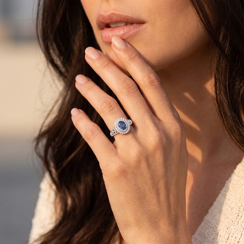 Mirage Collection AAA Royal Ceylon Blue Sapphire and Luxuriant Lab Grown Diamond G-H SI 1.60 ctw Palace Coronation Ring in 10K White Gold (Size 6.0)