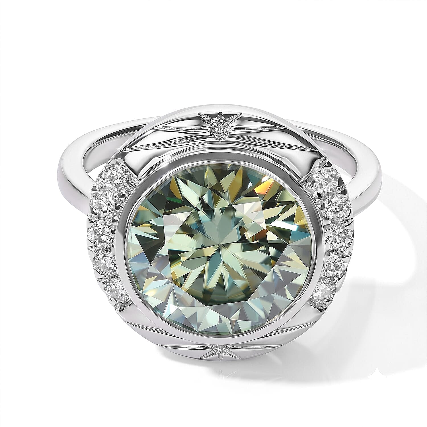 Certified and Appraised D'Joy Mint Green and White Moissanite (Rnd 11mm) Ring in Rhodium Over Sterling Silver (Size 5.0) 4.80 ctw