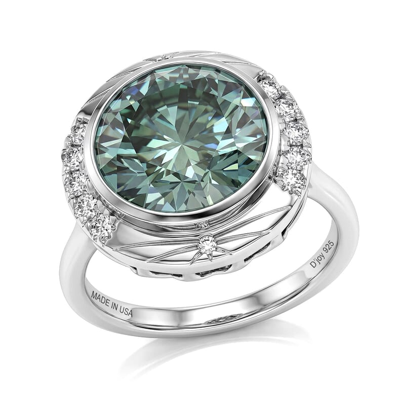 Certified and Appraised D'Joy Mint Green and White Moissanite (Rnd 11mm) Ring in Rhodium Over Sterling Silver (Size 5.0) 4.80 ctw