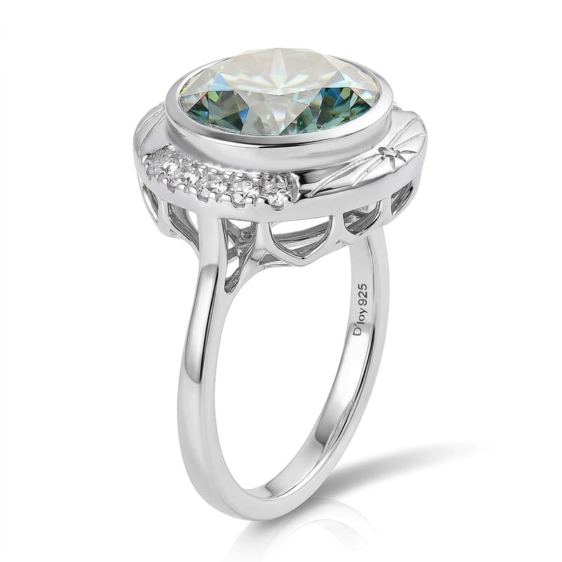 Certified and Appraised D'Joy Mint Green and White Moissanite (Rnd 11mm) Ring in Rhodium Over Sterling Silver (Size 5.0) 4.80 ctw