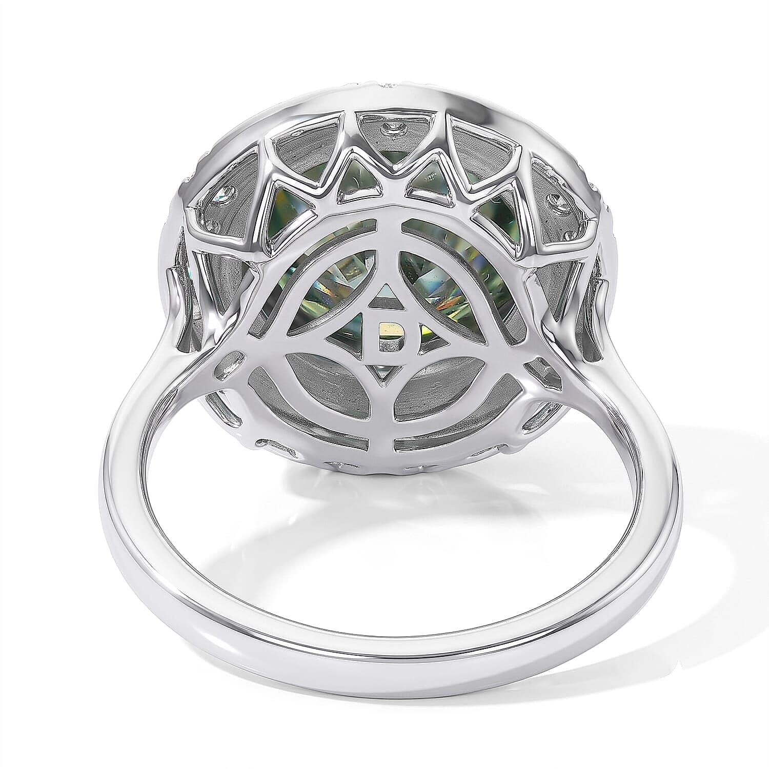 Certified and Appraised D'Joy Mint Green and White Moissanite (Rnd 11mm) Ring in Rhodium Over Sterling Silver (Size 5.0) 4.80 ctw