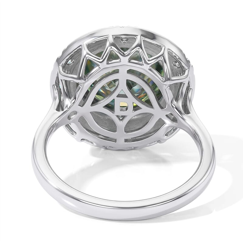 Certified and Appraised D'Joy Mint Green and White Moissanite (Rnd 11mm) Ring in Rhodium Over Sterling Silver (Size 5.0) 4.80 ctw