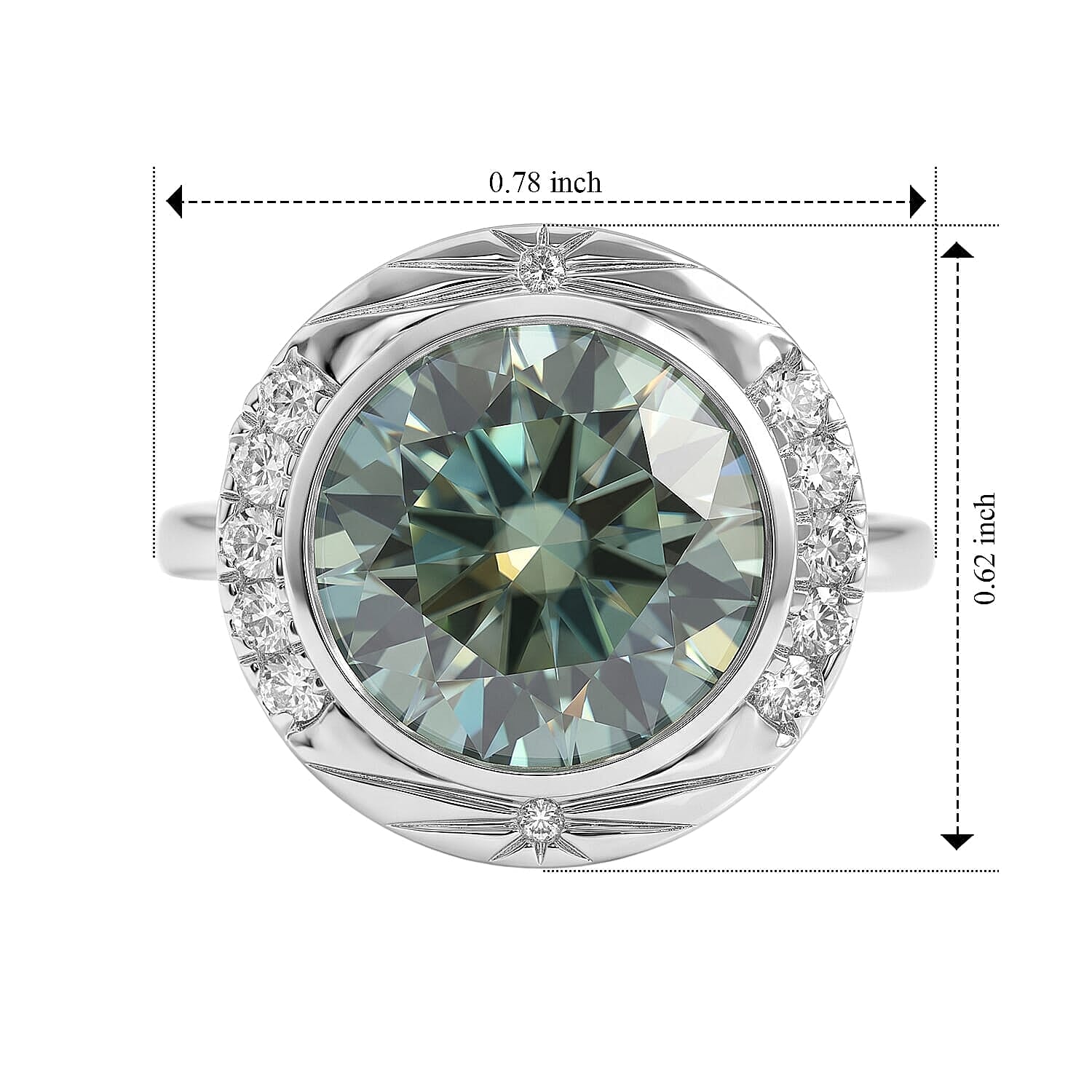 Certified and Appraised D'Joy Mint Green and White Moissanite (Rnd 11mm) Ring in Rhodium Over Sterling Silver (Size 5.0) 4.80 ctw