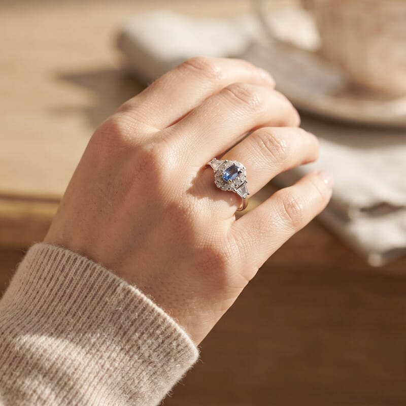 D'Joy Premium Ceylon Blue Sapphire and White Zircon 1.40 ctw Royal Bouquet Ring in Rhodium Over Sterling Silver (Size 6.0)