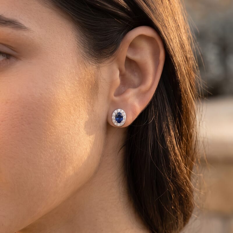 D'Joy Premium Ceylon Blue Sapphire and White Zircon 1.25 ctw Queen's Treasury Earrings in Rhodium Over Sterling Silver