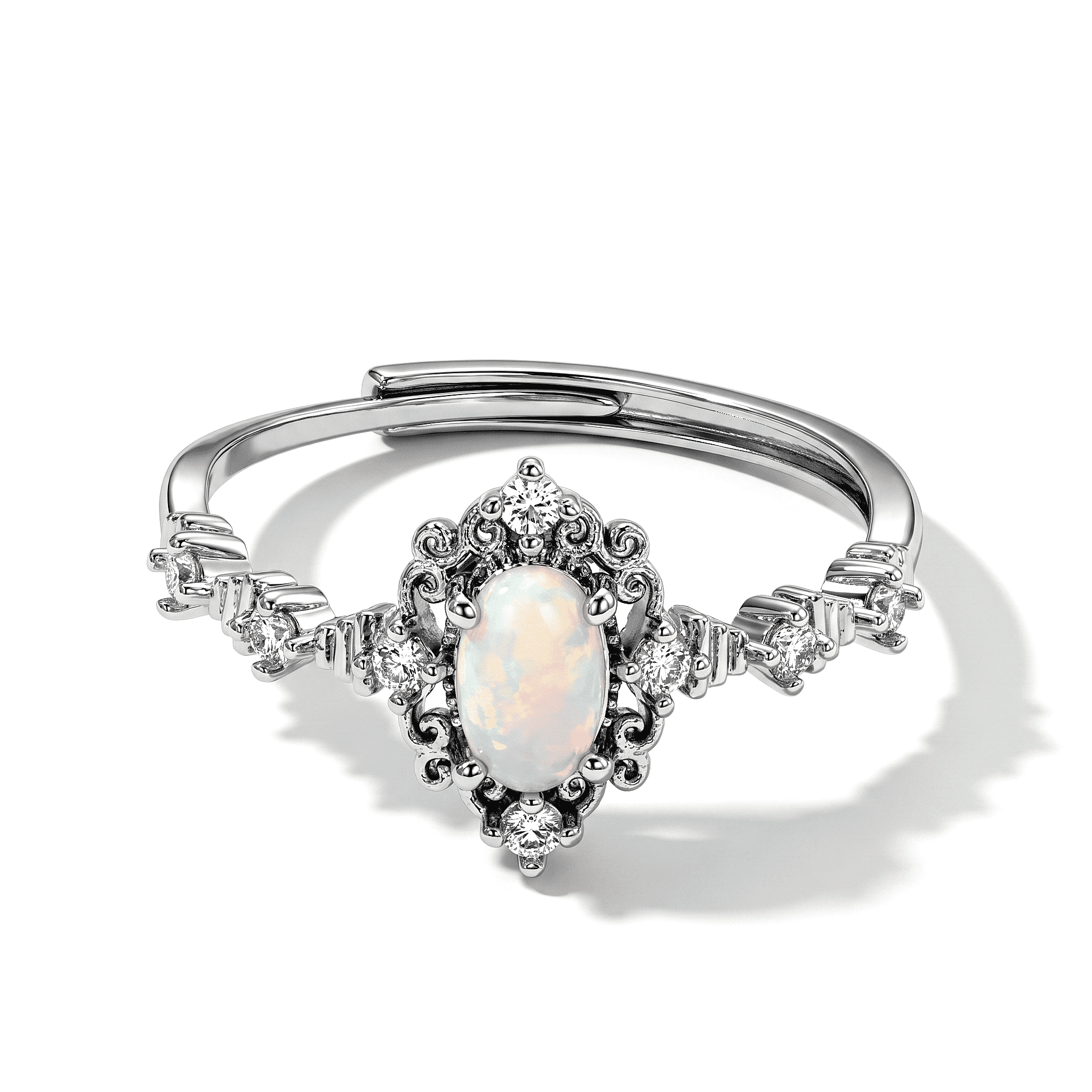 White Opal and Simulated Diamond 1.20 ctw Ring in Silvertone (Adjustable)