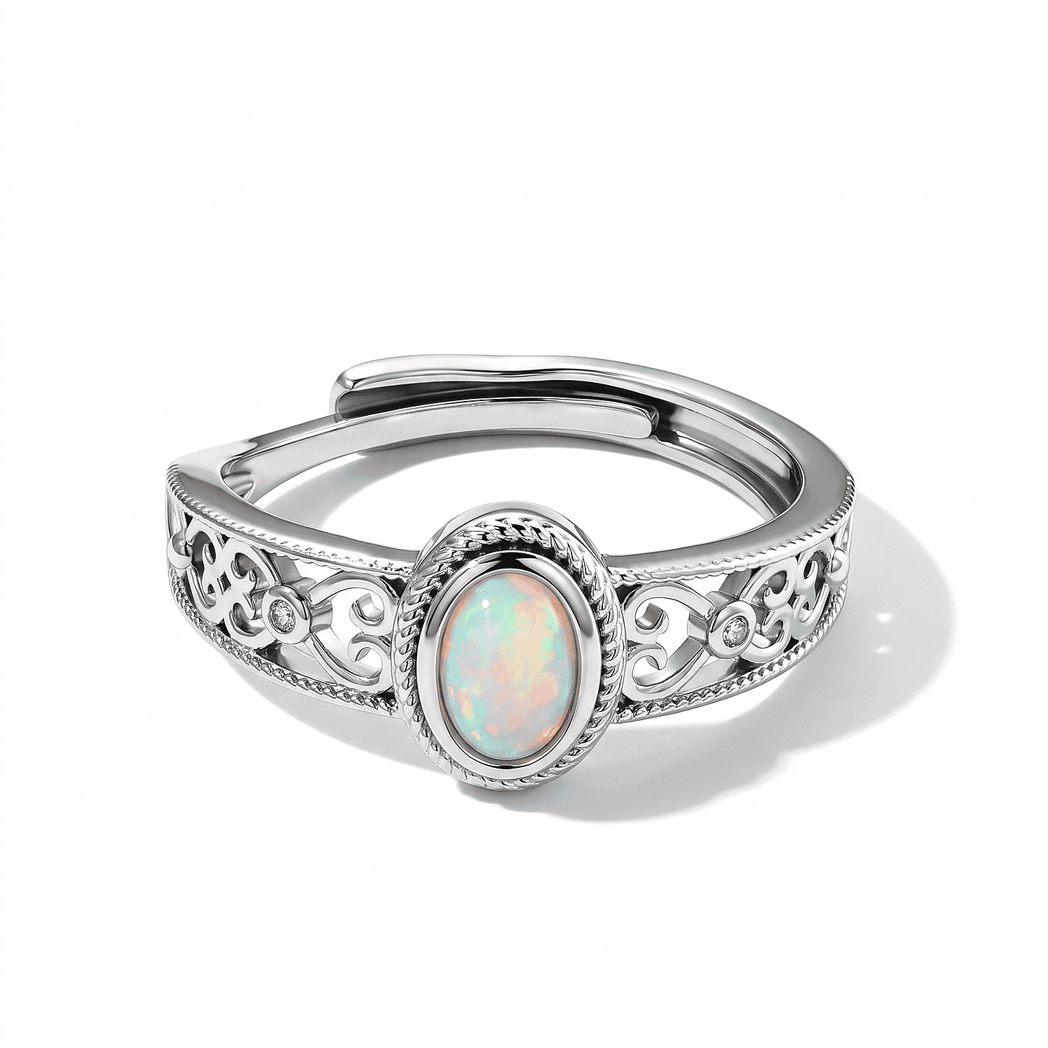 White Opal and Simulated Diamond 1.10 ctw Ring in Silvertone (Adjustable)