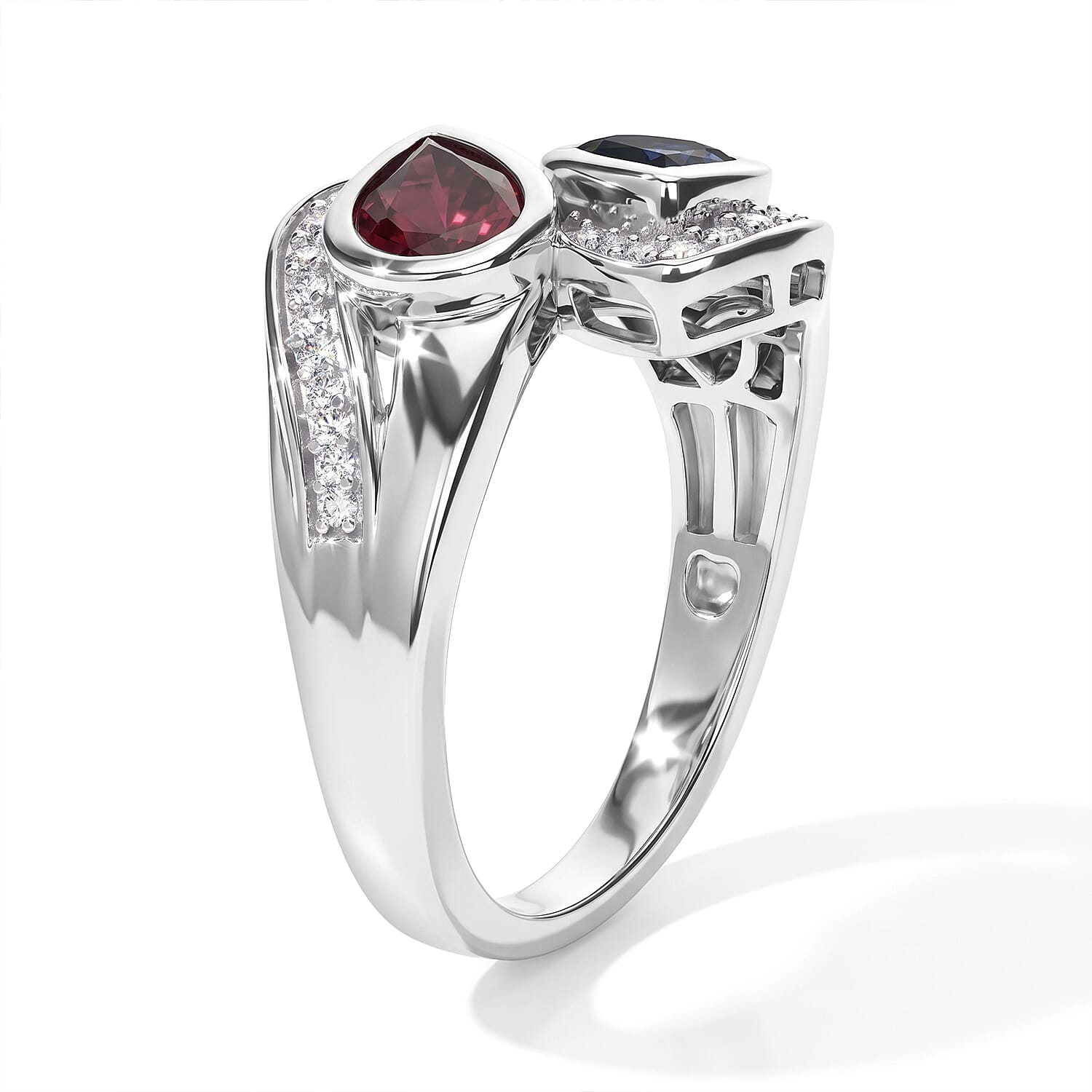 D'Joy Orissa Rhodolite Garnet and Catalina Iolite, Moissanite 1.50 ctw Bypass Ring in Rhodium Over Sterling Silver (Size 5.0)