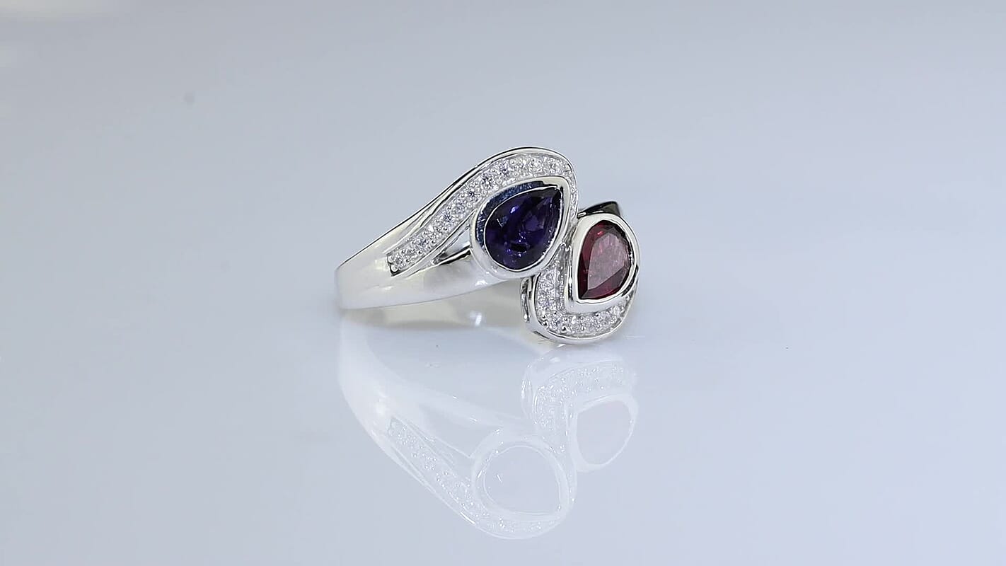 D''Joy Orissa Rhodolite Garnet and Catalina Iolite, Moissanite Bypass Ring in Rhodium Over Sterling Silver (Size 10.0) 1.55 ctw