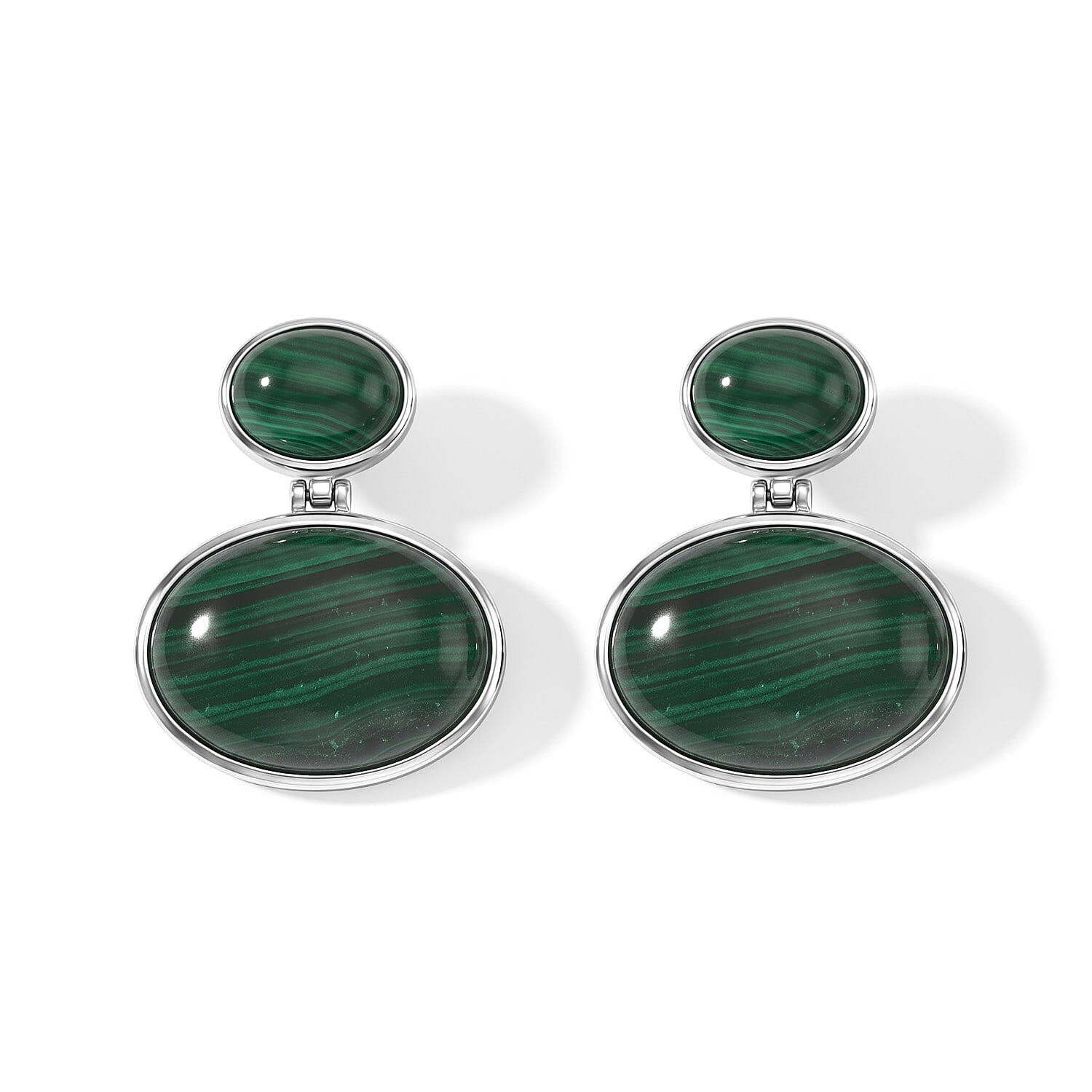 EverTrue African Malachite 38.70 ctw Dangling Earrings in Platinum Bond