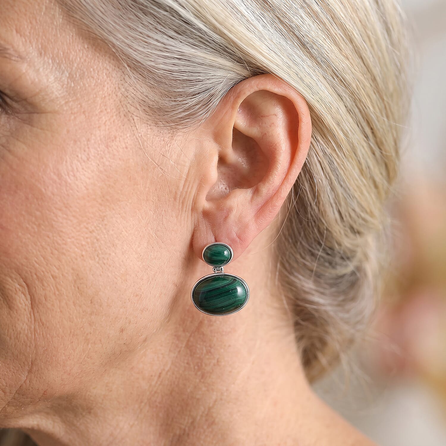 EverTrue African Malachite 38.70 ctw Dangling Earrings in Platinum Bond