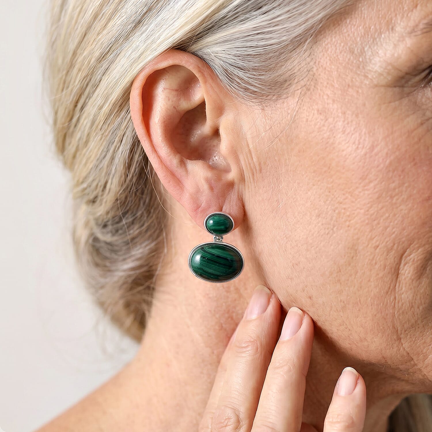 EverTrue African Malachite 38.70 ctw Dangling Earrings in Platinum Bond
