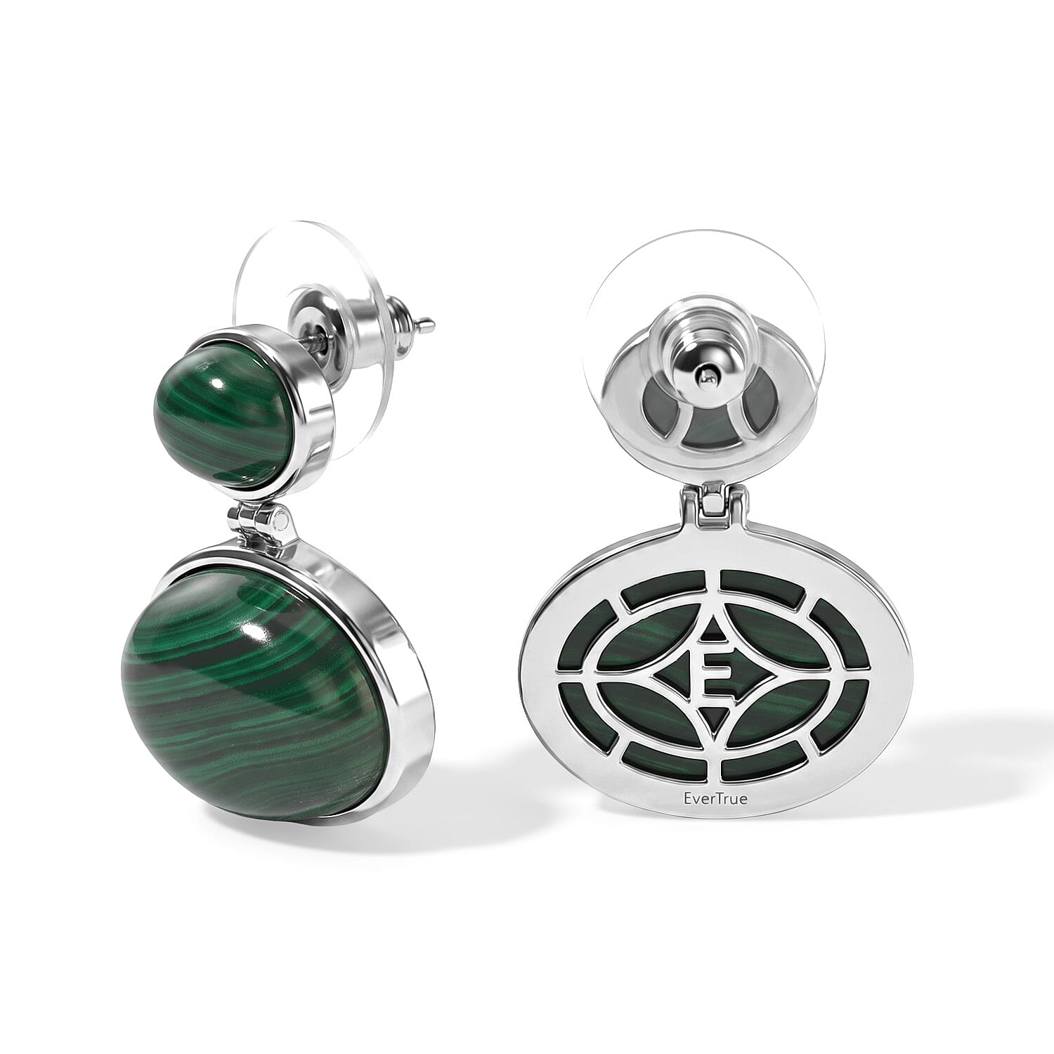 EverTrue African Malachite 38.70 ctw Dangling Earrings in Platinum Bond