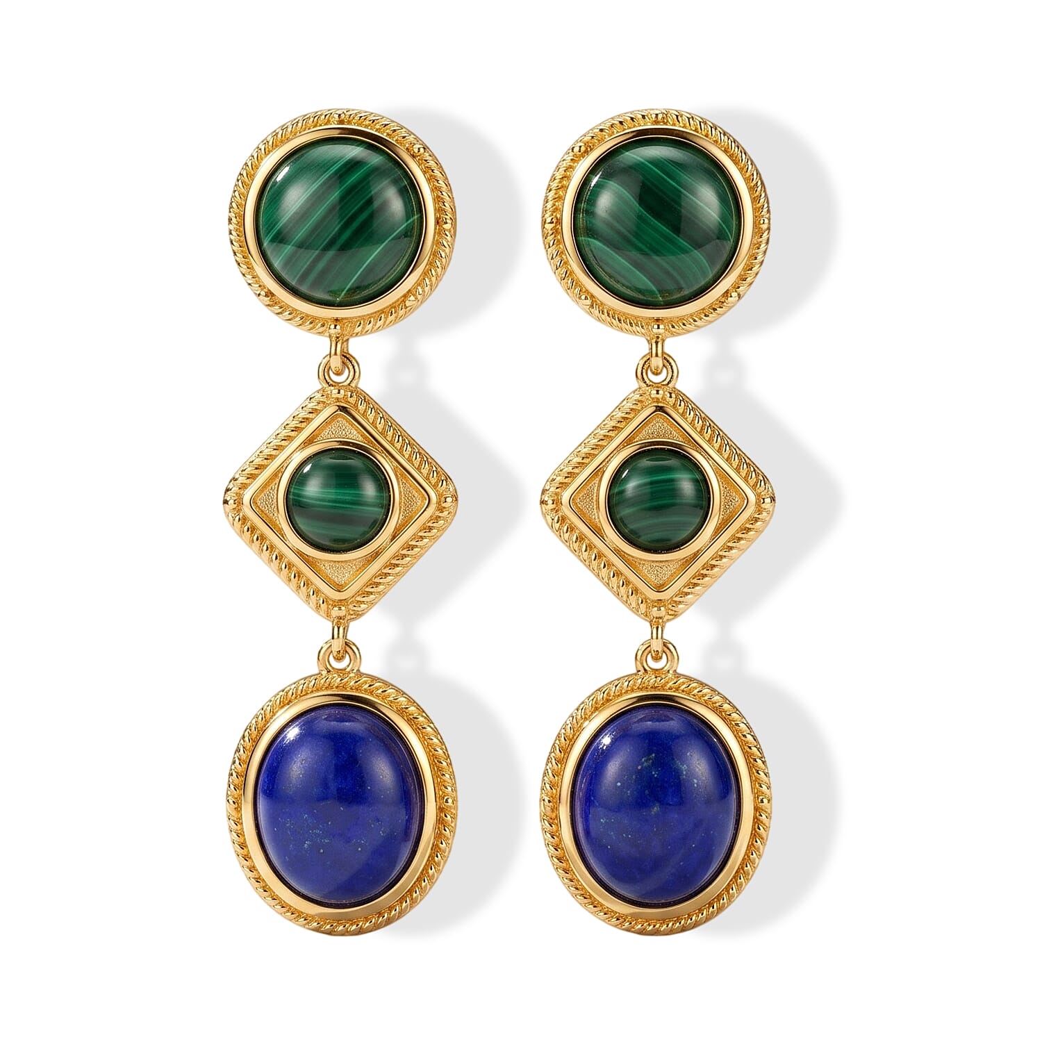 EverTrue Lapis Lazuli and African Malachite 23.40 ctw Dangling Earrings in 18K YG Plated