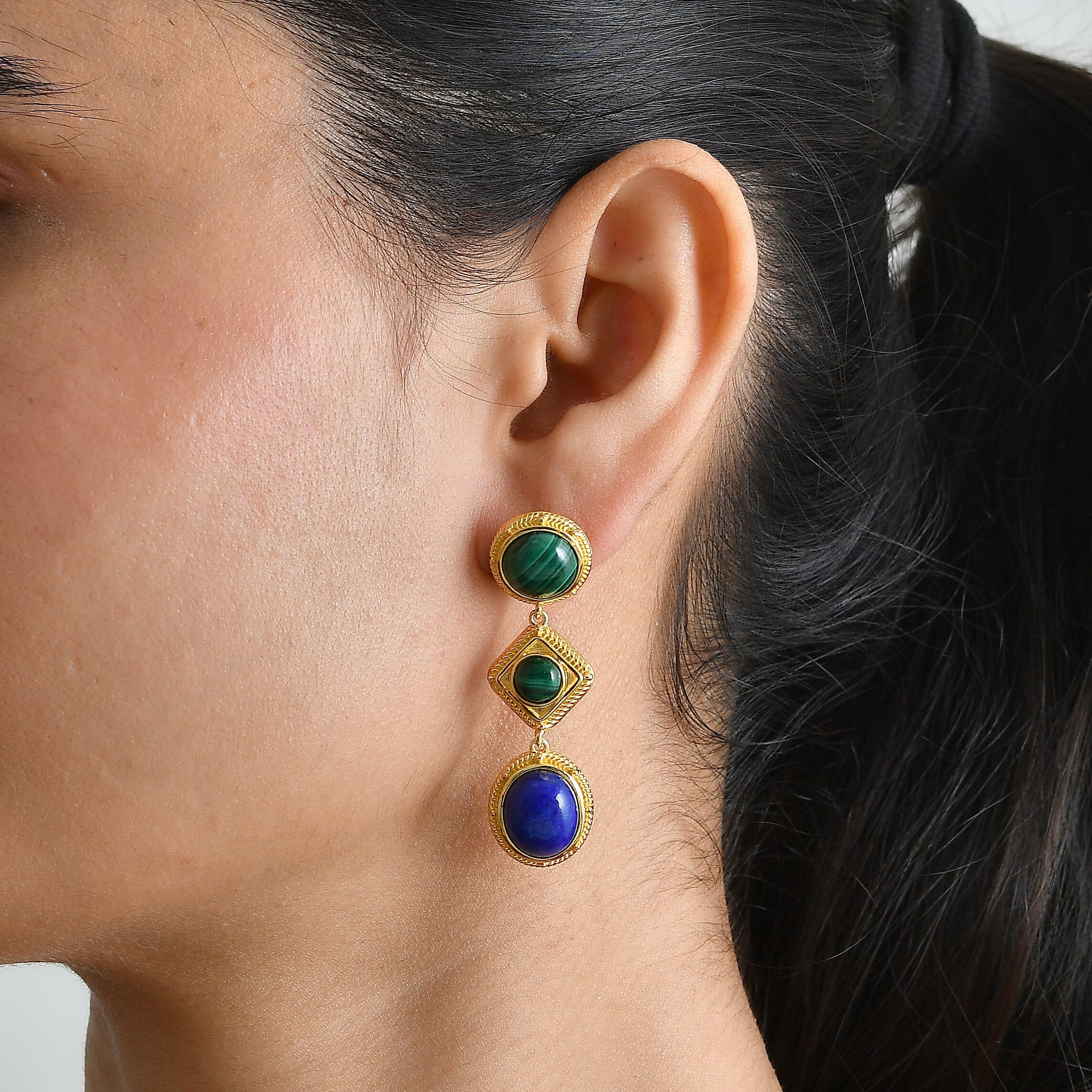 EverTrue Lapis Lazuli and African Malachite 23.40 ctw Dangling Earrings in 18K YG Plated