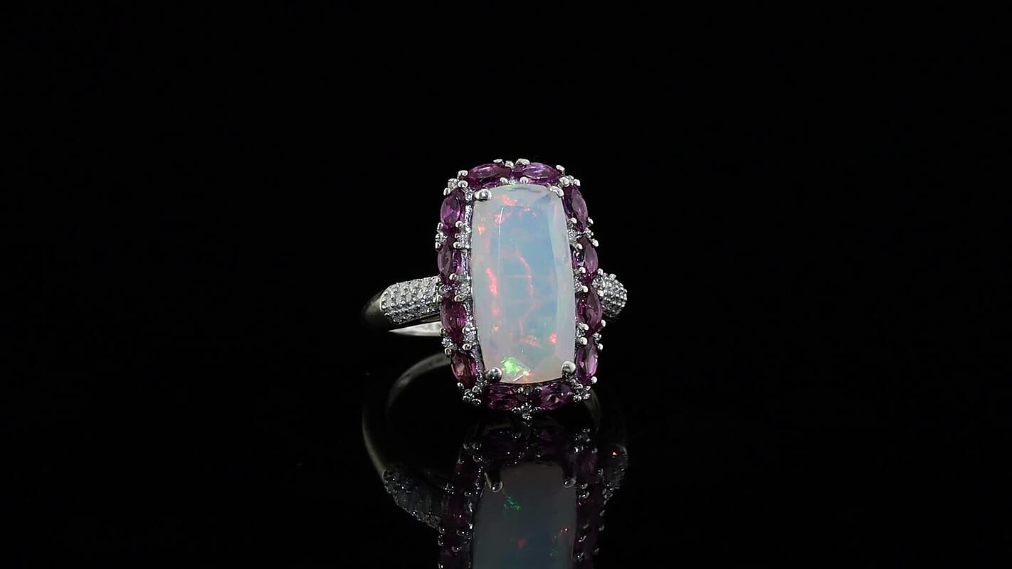 TLV D''Joy Premium Ethiopian Welo Opal, Multi Gemstone Ring in Rhodium Over Sterling Silver (Size 6.0) 5.30 ctw