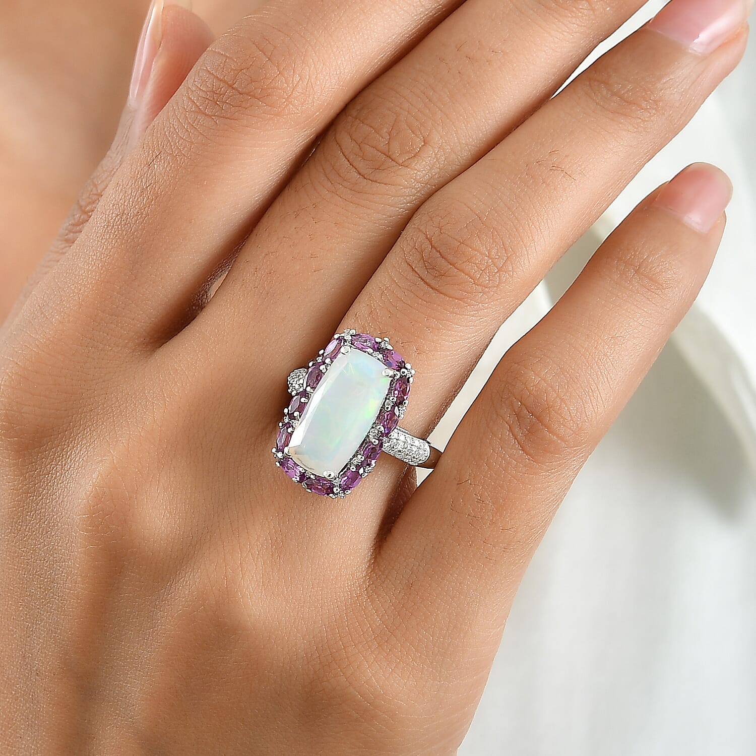 D'Joy Premium Ethiopian Welo Opal and Multi Gemstone 5.30 ctw Ethereal Prism Ring in Rhodium Over Sterling Silver (Size 7.0)