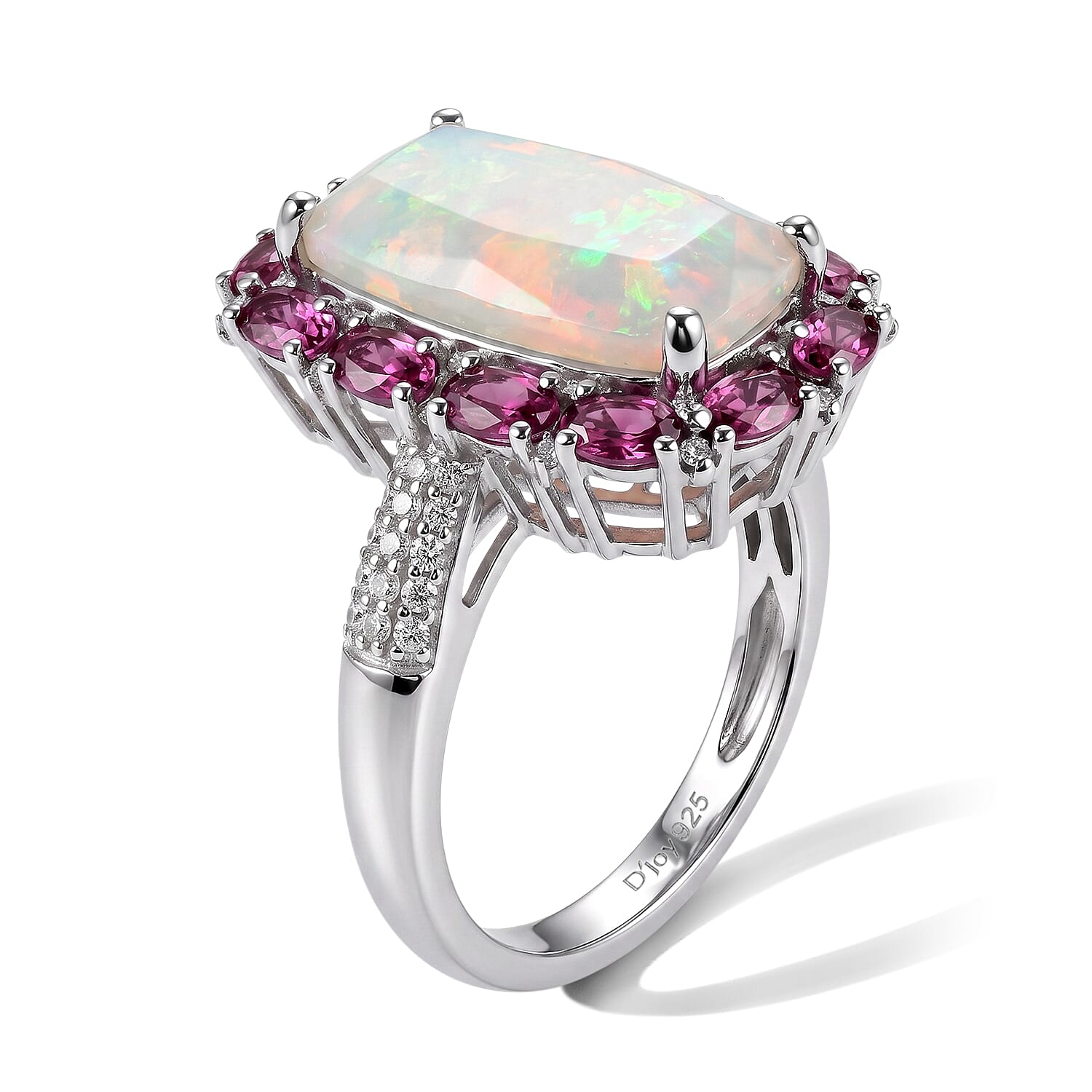 D'Joy Premium Ethiopian Welo Opal and Multi Gemstone 5.30 ctw Ethereal Prism Ring in Rhodium Over Sterling Silver (Size 7.0)