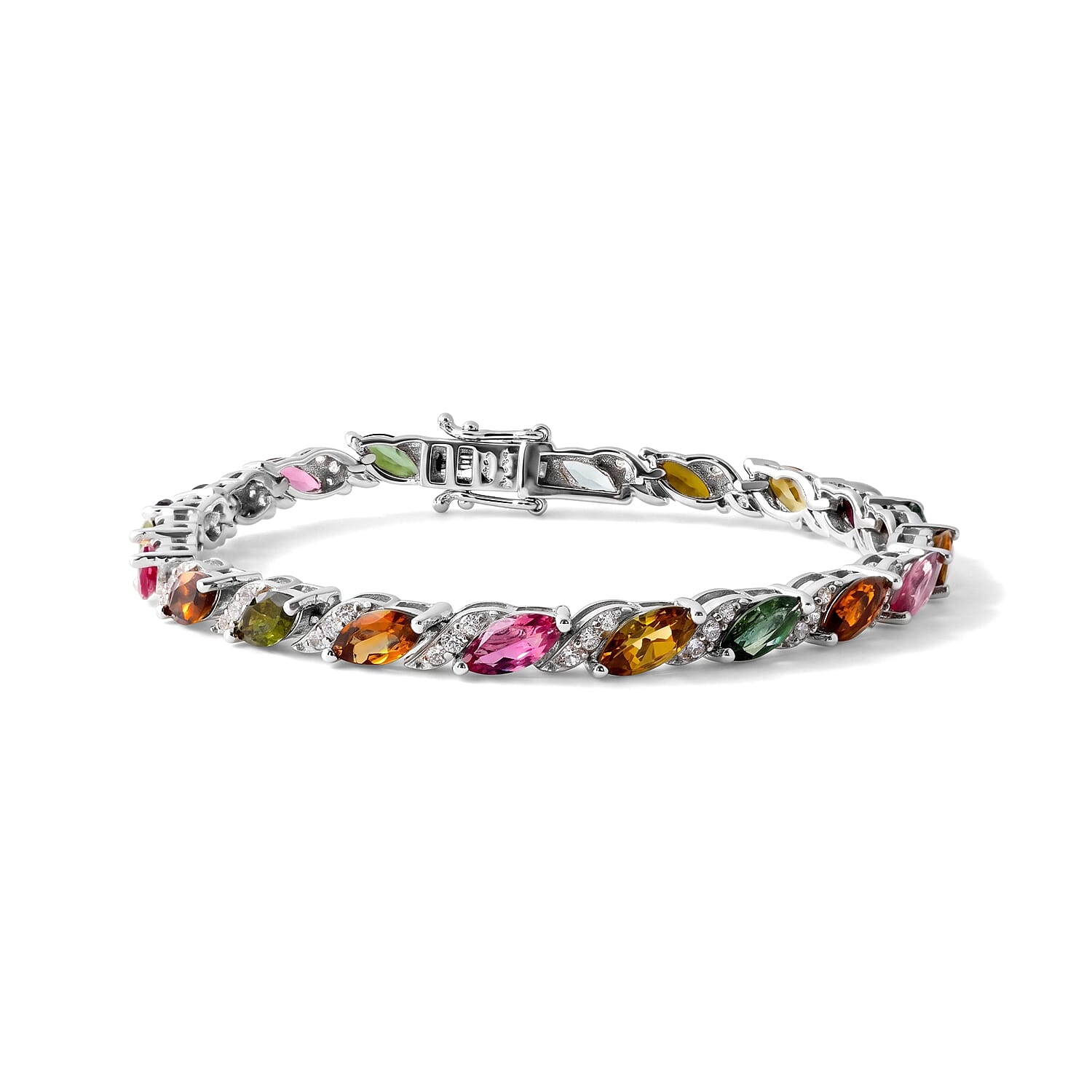 D'Joy Multi-Tourmaline and White Zircon 15.10 ctw Bracelet in Rhodium Over Sterling Silver (6.50 In)