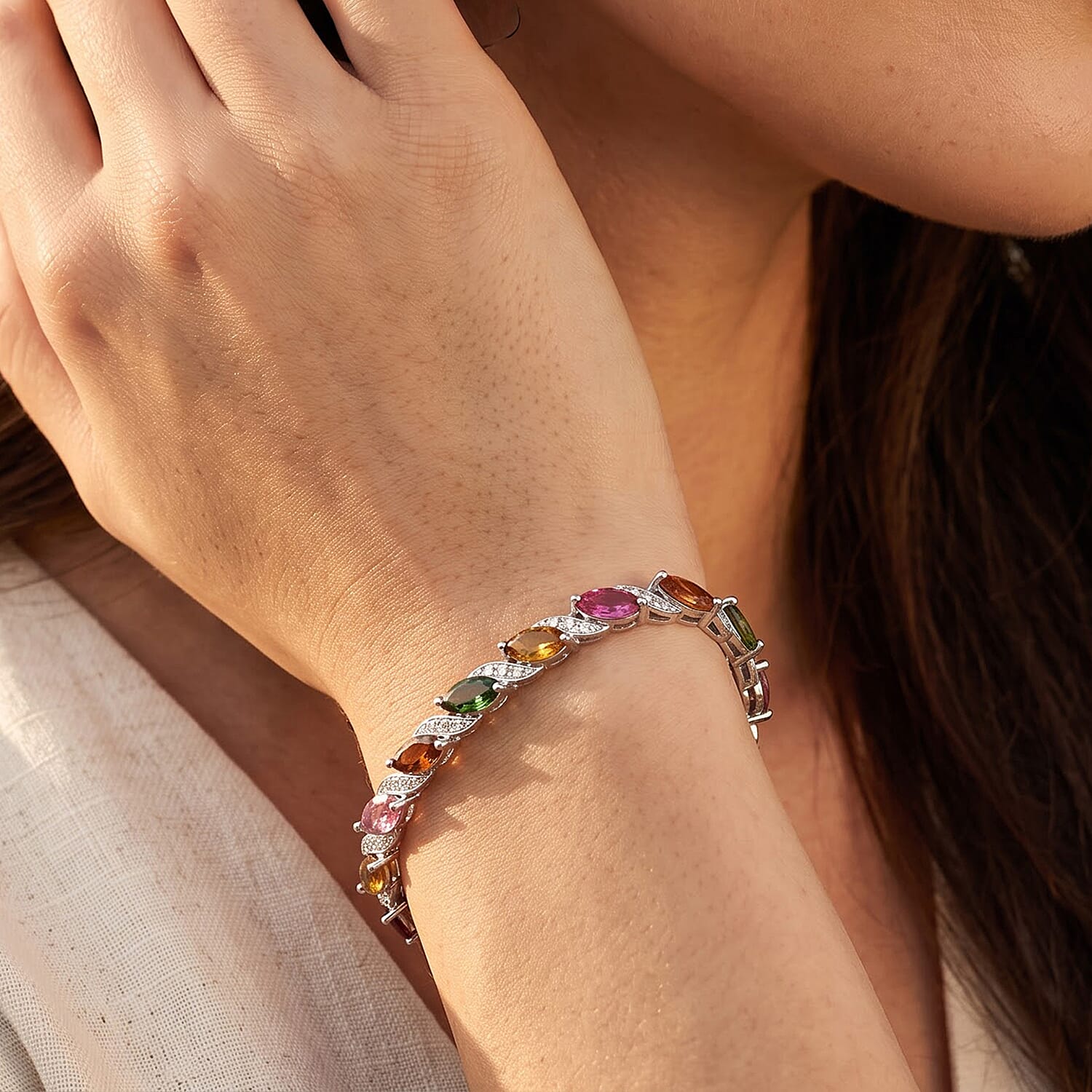 D'Joy Multi-Tourmaline and White Zircon 15.10 ctw Bracelet in Rhodium Over Sterling Silver (6.50 In)